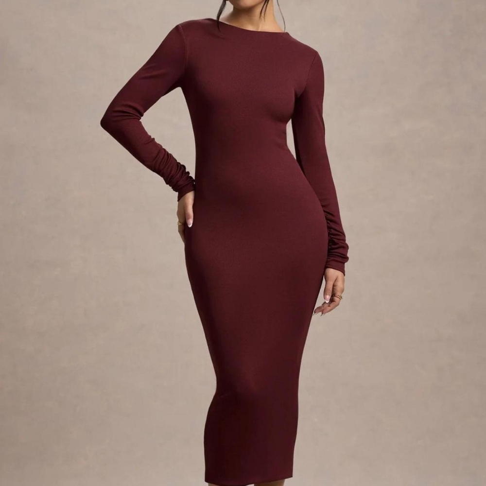Club London dress PLUM RIB KNIT COWL-BACK MIDI DRESS